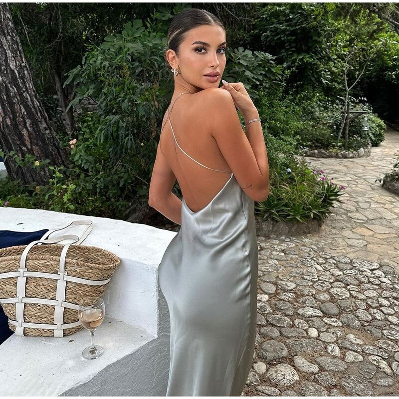 Neris Elegant Dress | Open Back, Satin-Like Fabric for Summer Weddings and Cocktail Events